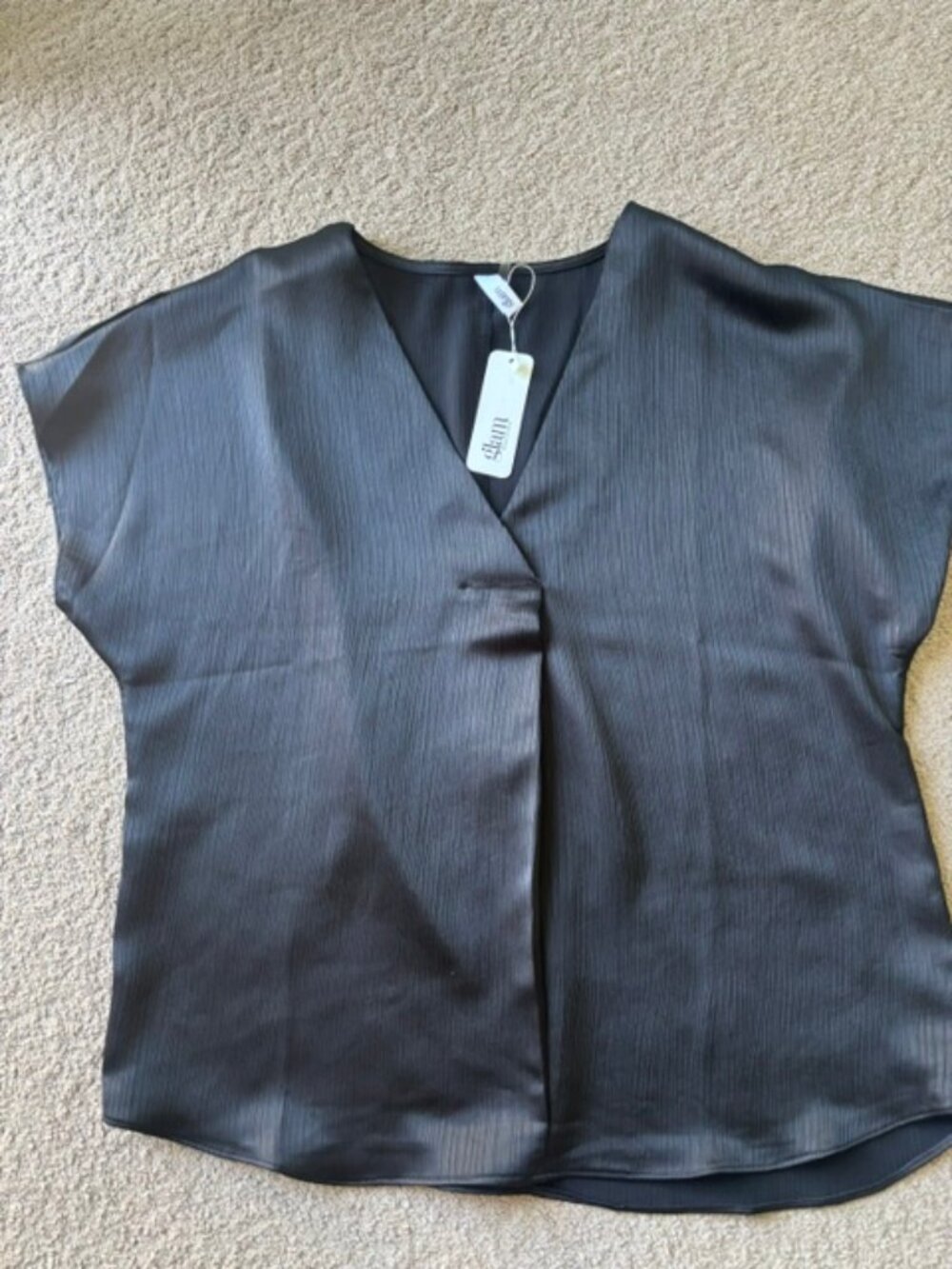 GLAM Black 'Crushed Silk' V-Neck Blouse, Sz S - NWT